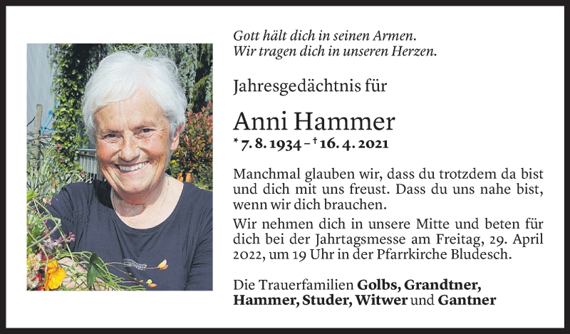 Todesanzeige für Anni Hammer vom 15.04.2022 aus Vorarlberger Nachrichten