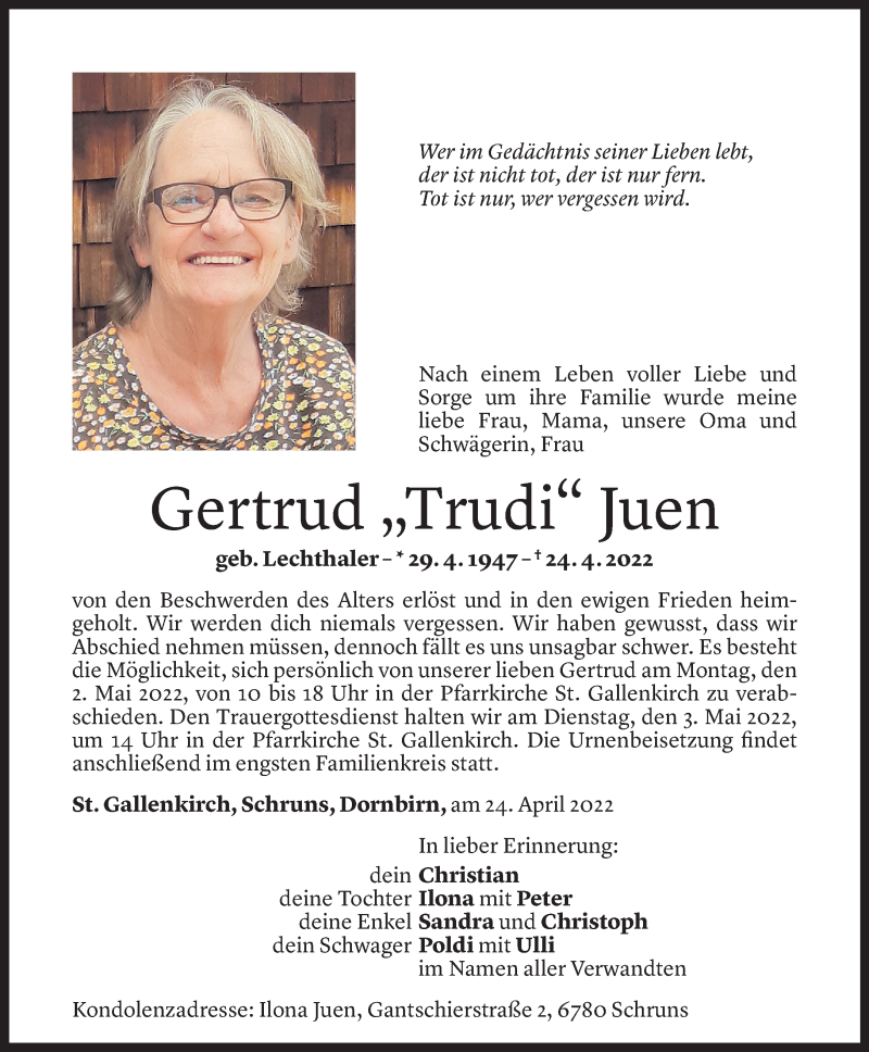  Todesanzeige für Gertrud Juen vom 29.04.2022 aus Vorarlberger Nachrichten