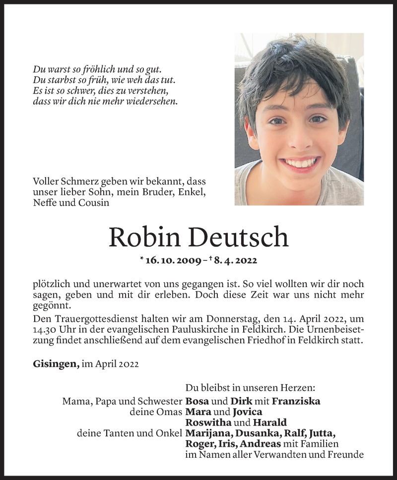 Todesanzeige für Robin Deutsch vom 12.04.2022 aus vorarlberger nachrichten