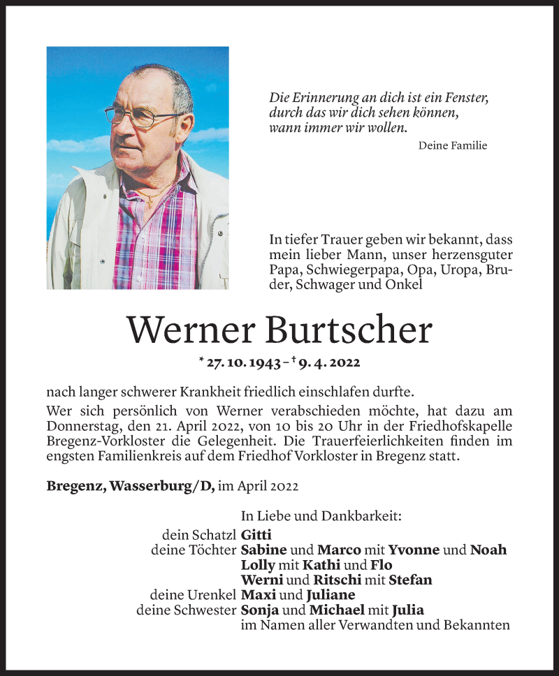  Todesanzeige für Werner Burtscher vom 18.04.2022 aus Vorarlberger Nachrichten