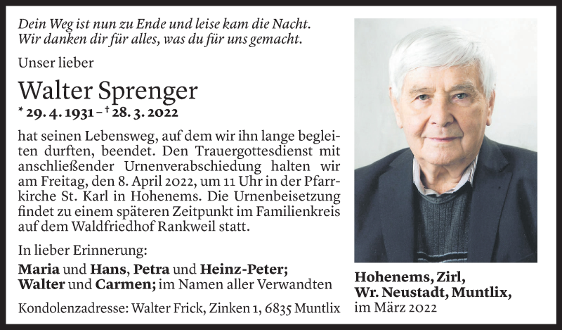  Todesanzeige für Walter Sprenger vom 05.04.2022 aus vorarlberger nachrichten