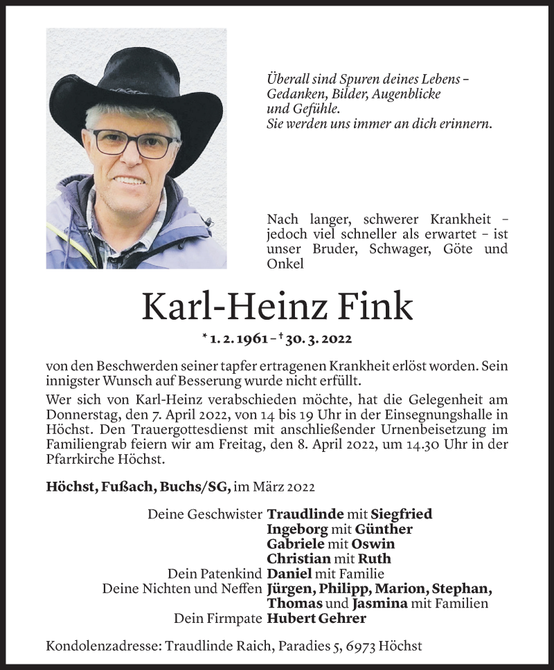  Todesanzeige für Karl-Heinz Fink vom 05.04.2022 aus vorarlberger nachrichten