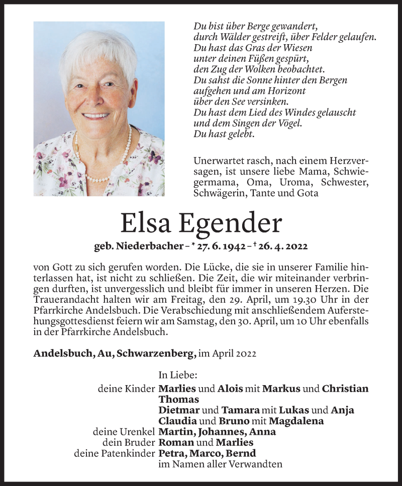  Todesanzeige für Elsa Egender vom 27.04.2022 aus Vorarlberger Nachrichten