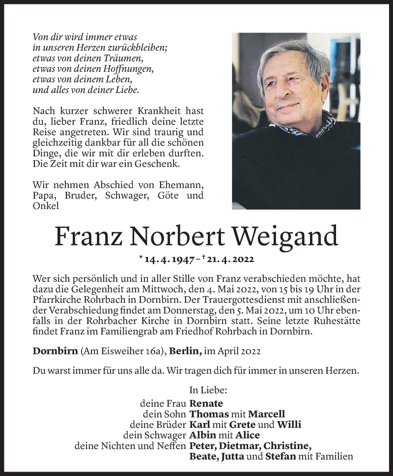  Todesanzeige für Franz Norbert Weigand vom 29.04.2022 aus Vorarlberger Nachrichten