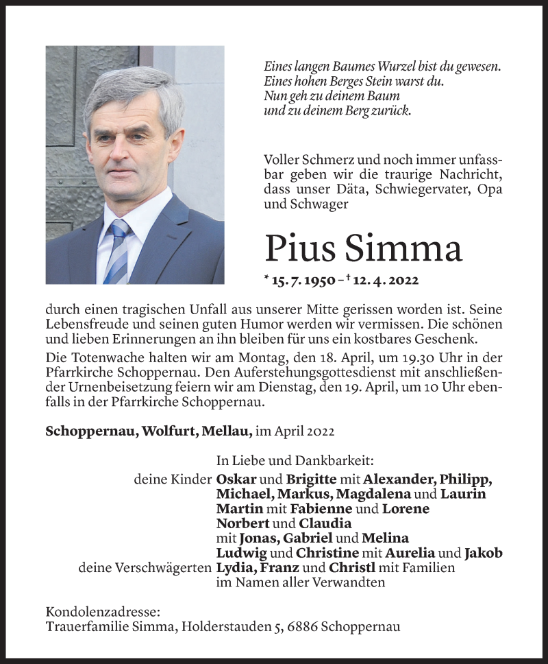  Todesanzeige für Pius Simma vom 15.04.2022 aus Vorarlberger Nachrichten