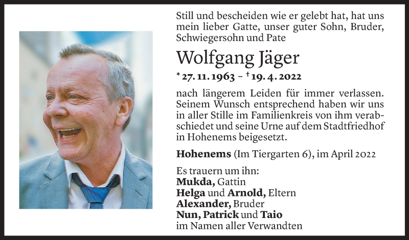  Todesanzeige für Wolfgang Jäger vom 23.04.2022 aus Vorarlberger Nachrichten
