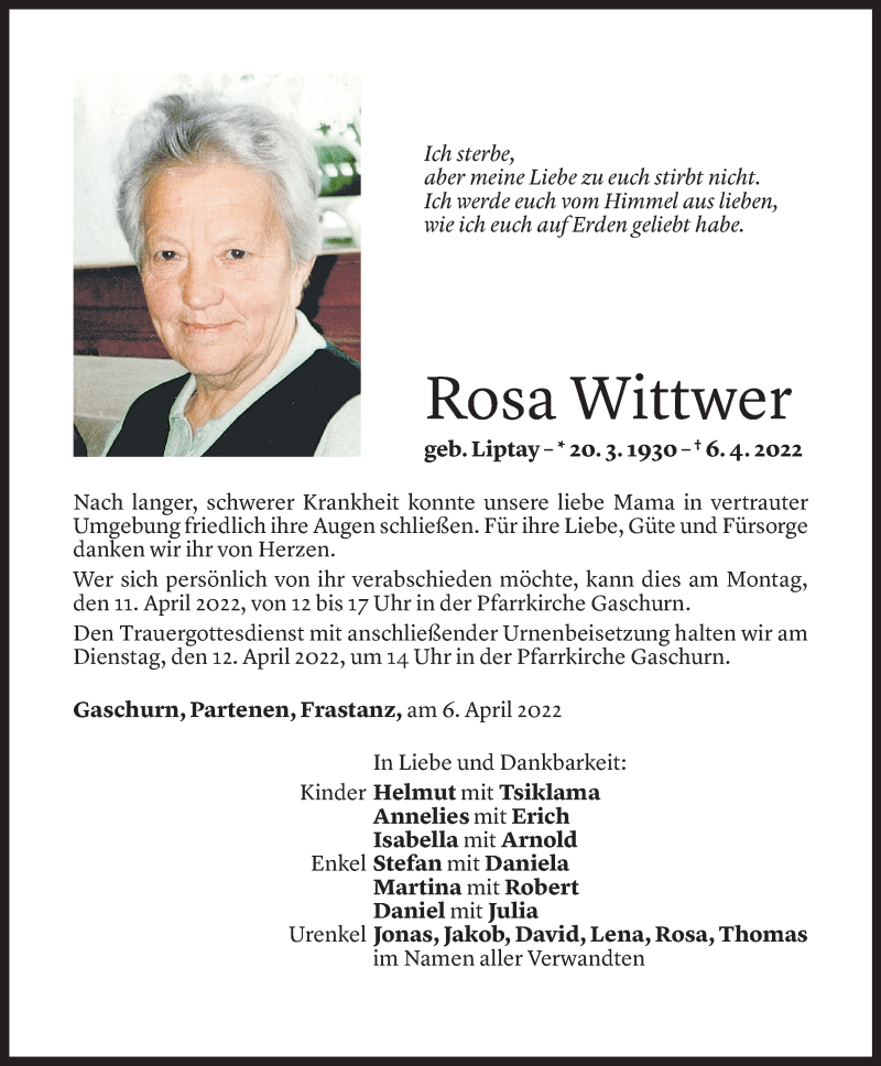  Todesanzeige für Rosa Wittwer vom 08.04.2022 aus Vorarlberger Nachrichten