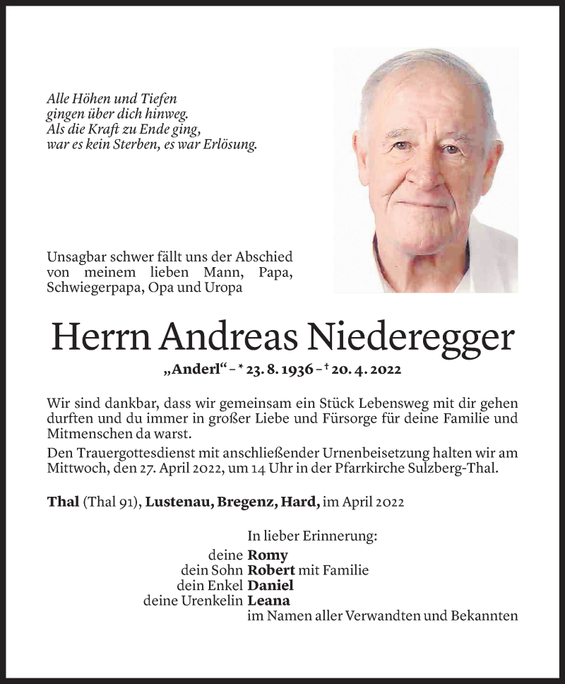  Todesanzeige für Andreas Niederegger vom 24.04.2022 aus Vorarlberger Nachrichten