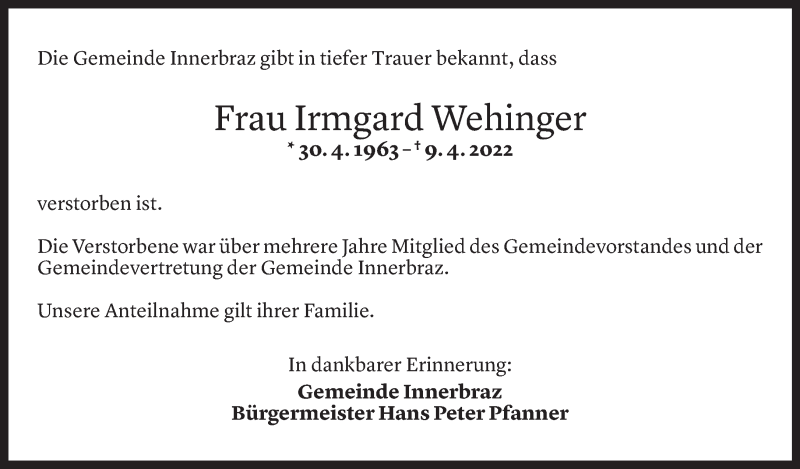  Todesanzeige für Irmgard Wehinger-Jochum vom 15.04.2022 aus vorarlberger nachrichten