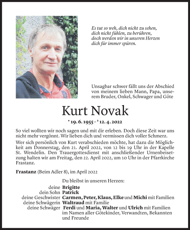  Todesanzeige für Kurt Novak vom 18.04.2022 aus Vorarlberger Nachrichten