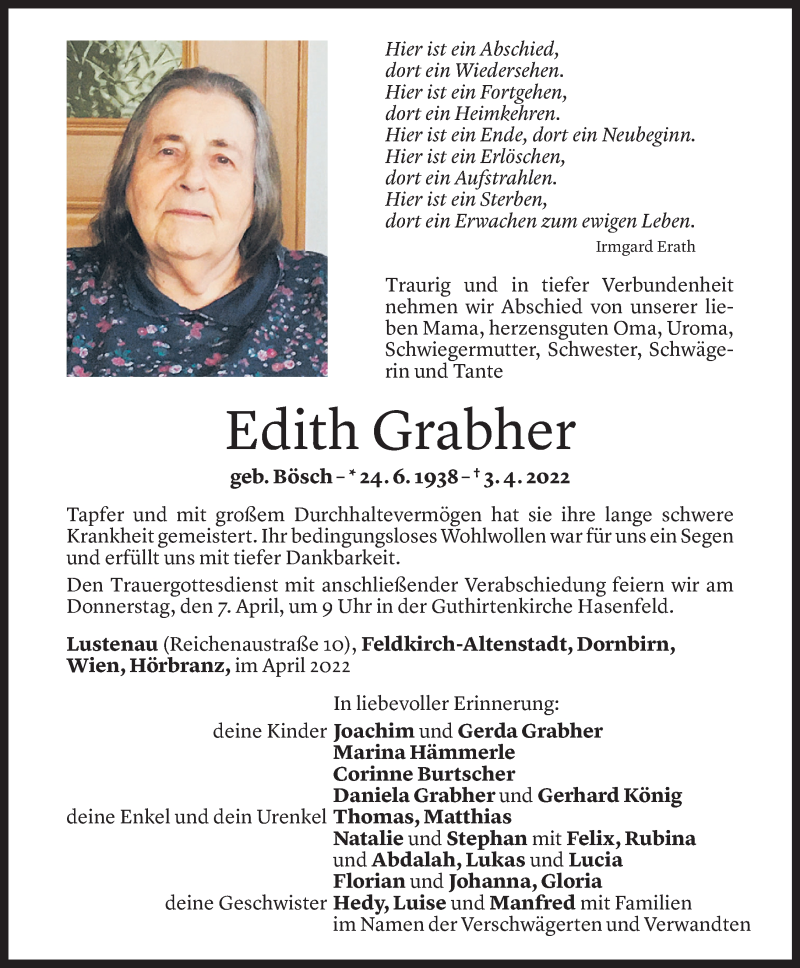 Todesanzeige für Edith Grabher vom 04.04.2022 aus vorarlberger nachrichten