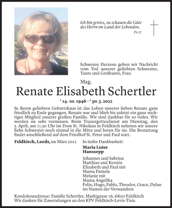 Todesanzeige von Renate Elisabeth Schertler von Vorarlberger Nachrichten