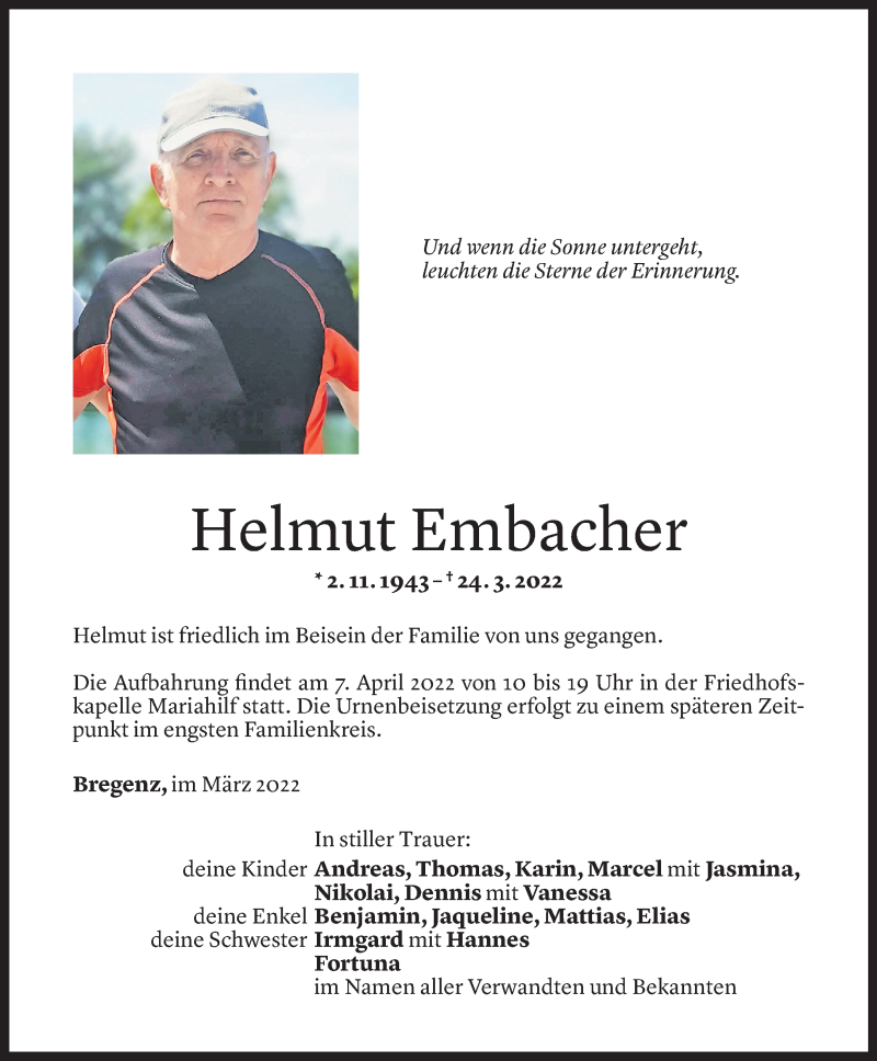  Todesanzeige für Helmut Embacher vom 04.04.2022 aus vorarlberger nachrichten