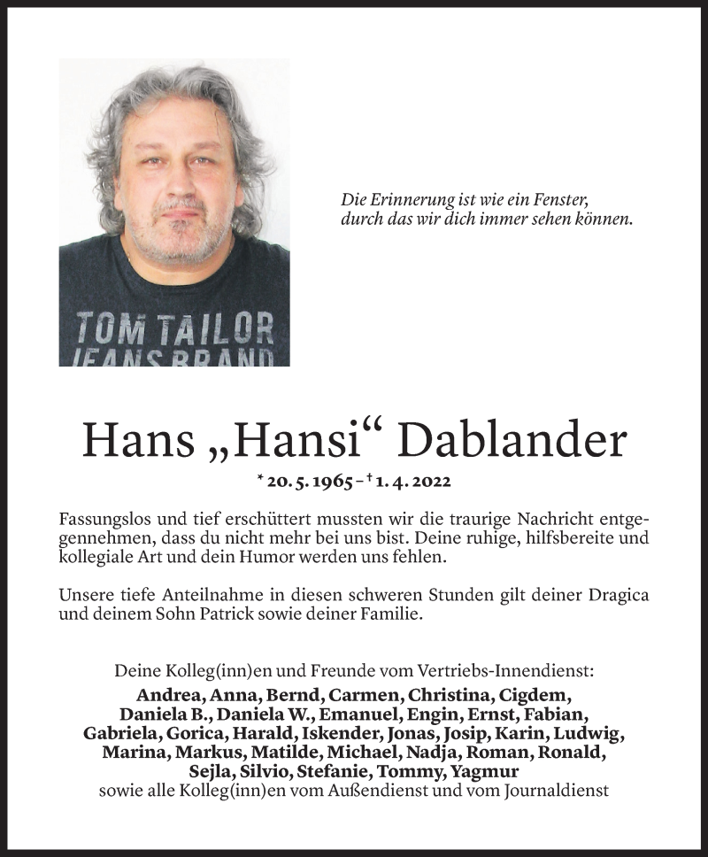  Todesanzeige für Hans Dablander vom 05.04.2022 aus Vorarlberger Nachrichten