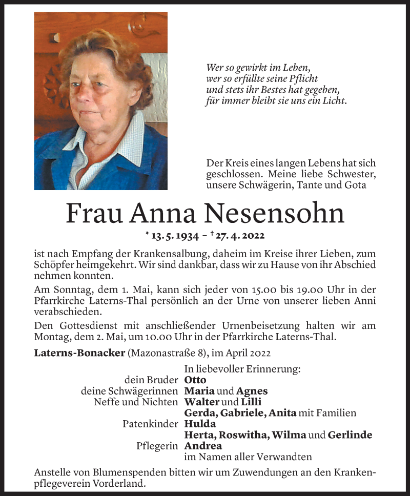  Todesanzeige für Anna Nesensohn vom 30.04.2022 aus Vorarlberger Nachrichten
