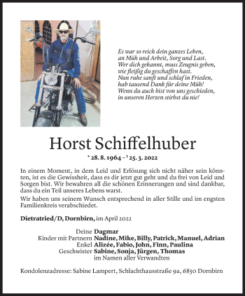 Todesanzeige von Horst Schiffelhuber von Vorarlberger Nachrichten