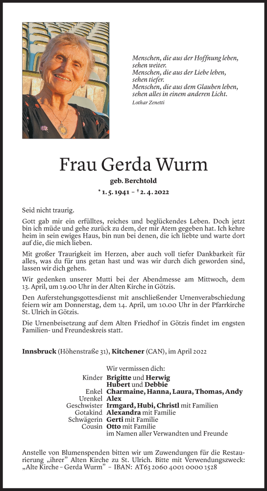  Todesanzeige für Gerda Wurm vom 11.04.2022 aus Vorarlberger Nachrichten