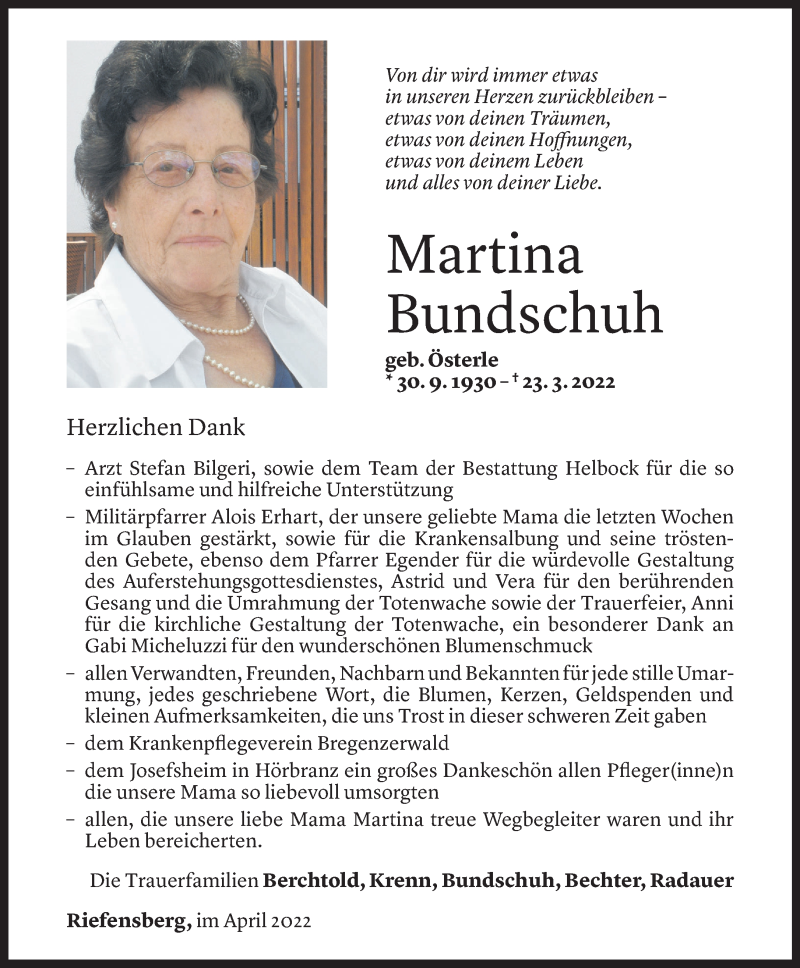  Todesanzeige für Martina Bundschuh vom 08.04.2022 aus vorarlberger nachrichten