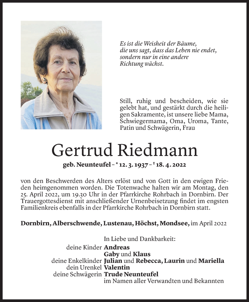  Todesanzeige für Gertrud Riedmann vom 22.04.2022 aus Vorarlberger Nachrichten