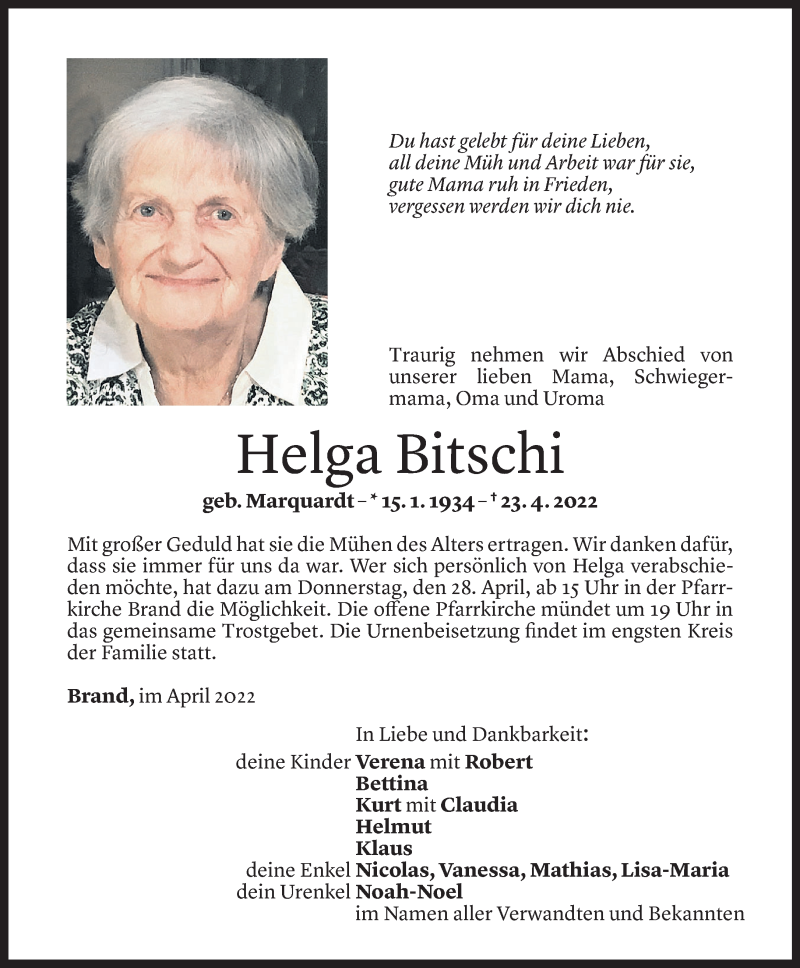  Todesanzeige für Helga Bitschi vom 26.04.2022 aus Vorarlberger Nachrichten