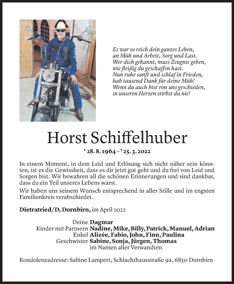  Todesanzeige für Horst Schiffelhuber vom 16.04.2022 aus Vorarlberger Nachrichten