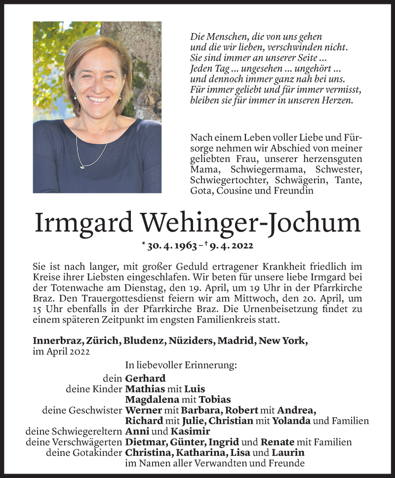  Todesanzeige für Irmgard Wehinger-Jochum vom 15.04.2022 aus vorarlberger nachrichten