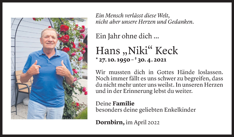 Todesanzeige für Hans Keck vom 30.04.2022 aus Vorarlberger Nachrichten