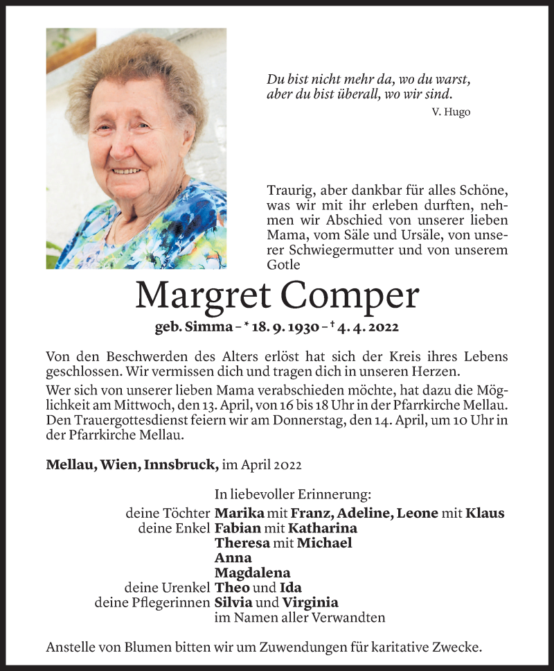 Todesanzeige für Margret Comper vom 11.04.2022 aus Vorarlberger Nachrichten
