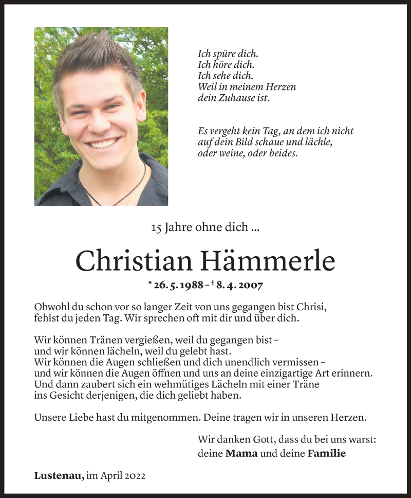  Todesanzeige für Christian Hämmerle vom 07.04.2022 aus Vorarlberger Nachrichten