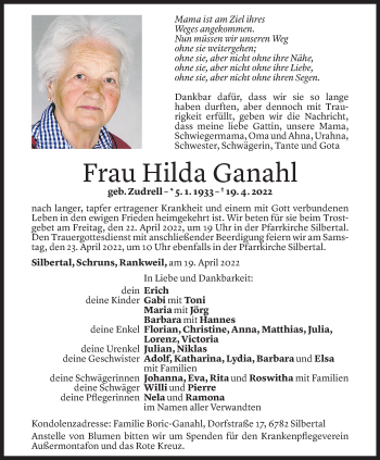 Todesanzeige von Hilda Ganahl von vorarlberger nachrichten