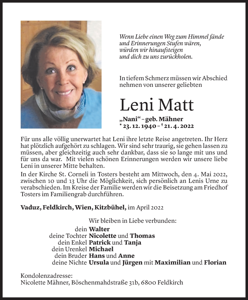  Todesanzeige für Leni Matt vom 29.04.2022 aus Vorarlberger Nachrichten