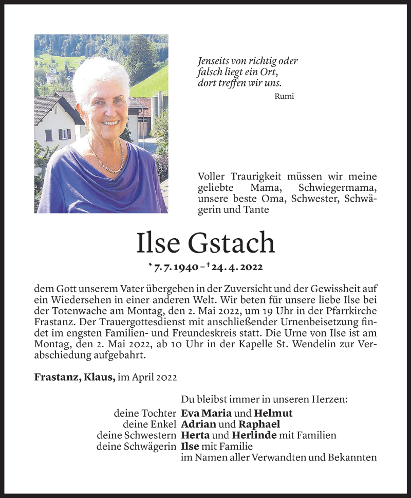  Todesanzeige für Ilse Gstach vom 29.04.2022 aus Vorarlberger Nachrichten