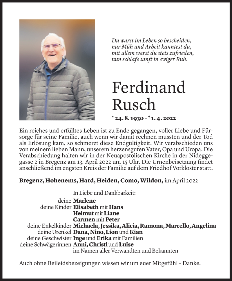  Todesanzeige für Ferdinand Rusch vom 08.04.2022 aus Vorarlberger Nachrichten