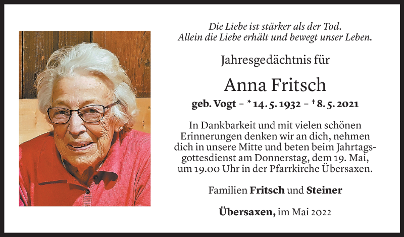  Todesanzeige für Anna Fritsch vom 16.05.2022 aus Vorarlberger Nachrichten