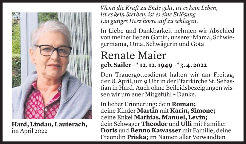  Todesanzeige für Renate Maier vom 05.04.2022 aus Vorarlberger Nachrichten