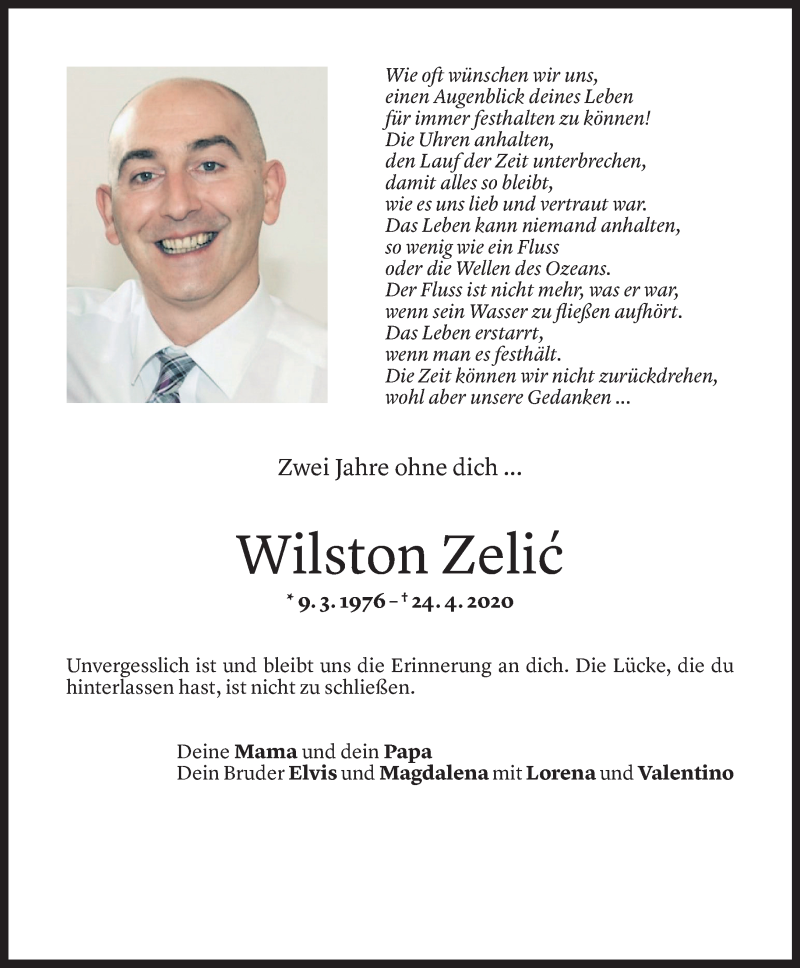  Todesanzeige für Wilston Zelic vom 22.04.2022 aus Vorarlberger Nachrichten