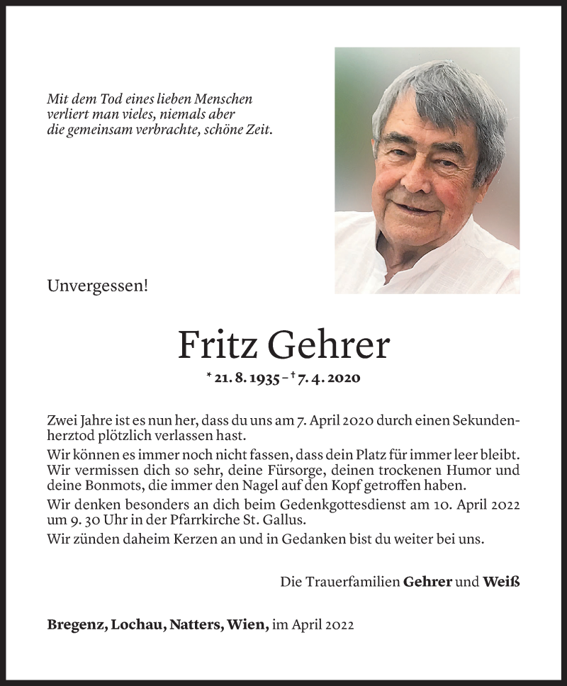  Todesanzeige für Fritz Gehrer vom 06.04.2022 aus vorarlberger nachrichten
