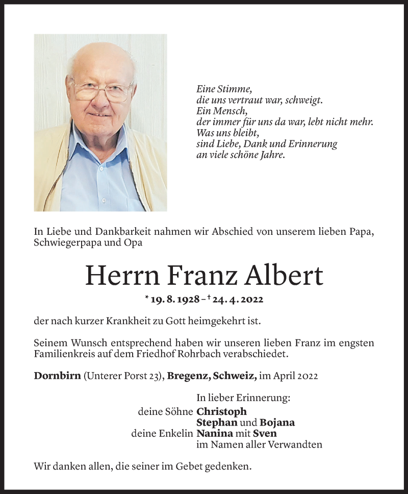  Todesanzeige für Franz Albert vom 29.04.2022 aus Vorarlberger Nachrichten
