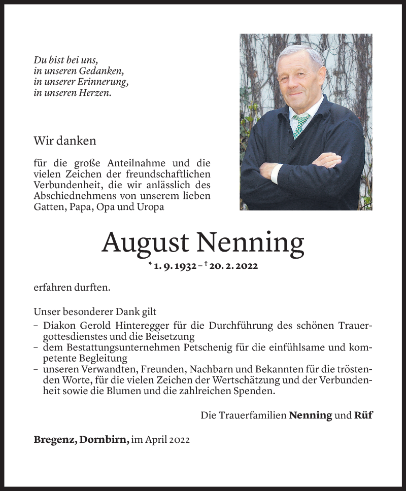  Todesanzeige für August Nenning vom 08.04.2022 aus Vorarlberger Nachrichten