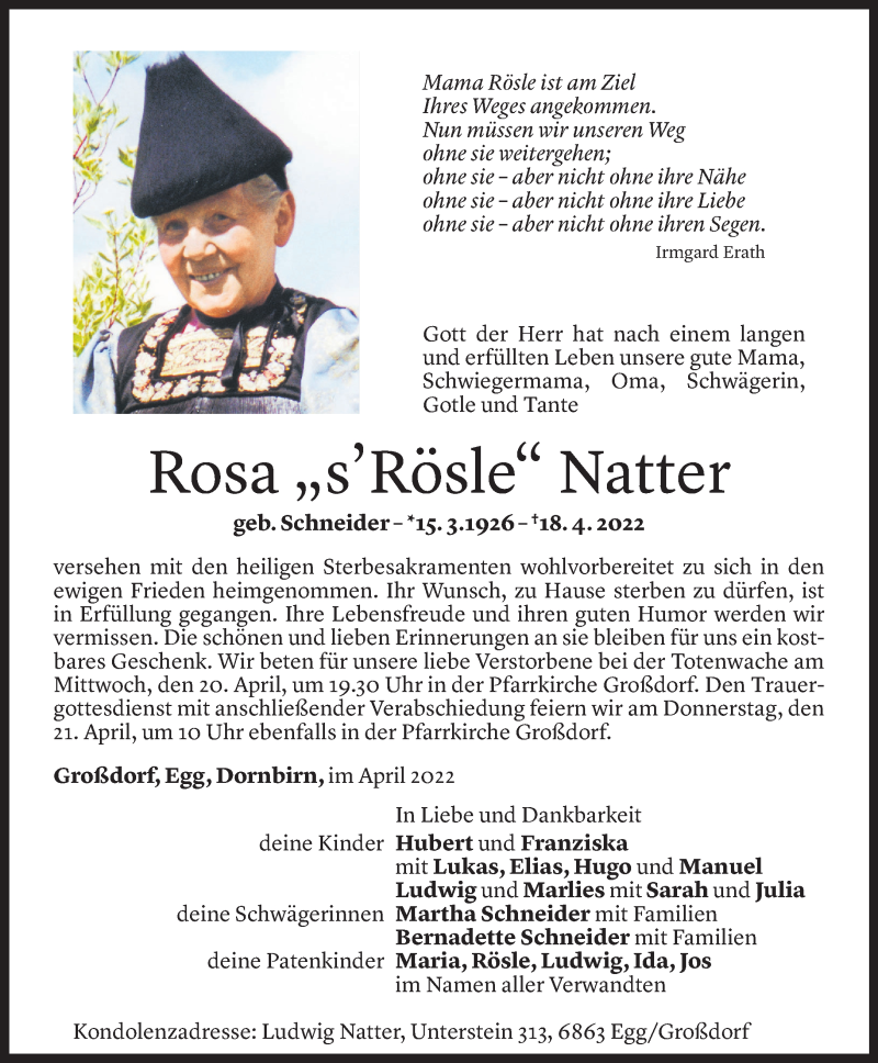  Todesanzeige für Rosa Natter vom 18.04.2022 aus Vorarlberger Nachrichten