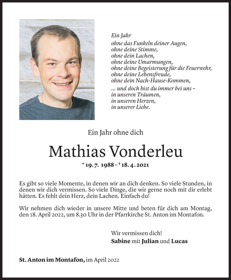  Todesanzeige für Mathias Vonderleu vom 13.04.2022 aus Vorarlberger Nachrichten