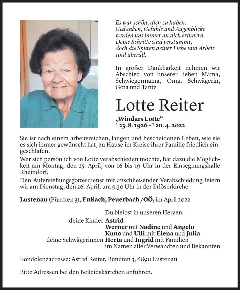  Todesanzeige für Lotte Reiter vom 22.04.2022 aus Vorarlberger Nachrichten