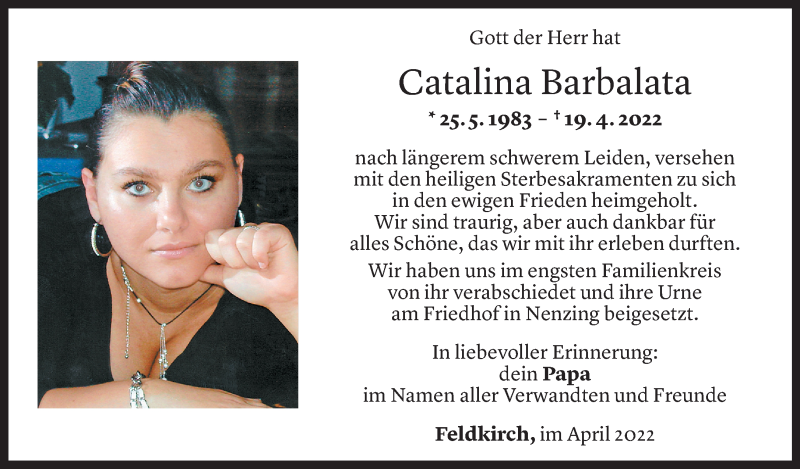  Todesanzeige für Catalina Barbalata vom 27.04.2022 aus Vorarlberger Nachrichten