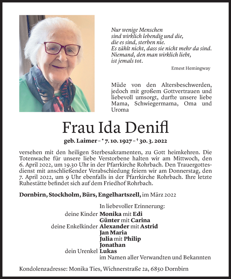  Todesanzeige für Ida Denifl vom 01.04.2022 aus Vorarlberger Nachrichten