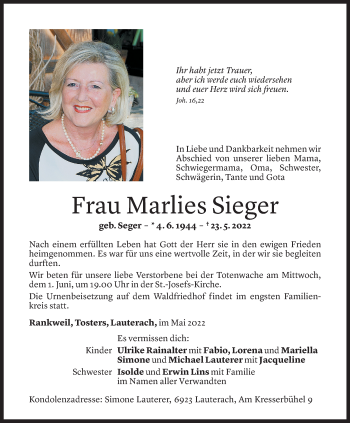 Todesanzeigen von Marlies Sieger | Todesanzeigen Vorarlberger Nachrichten