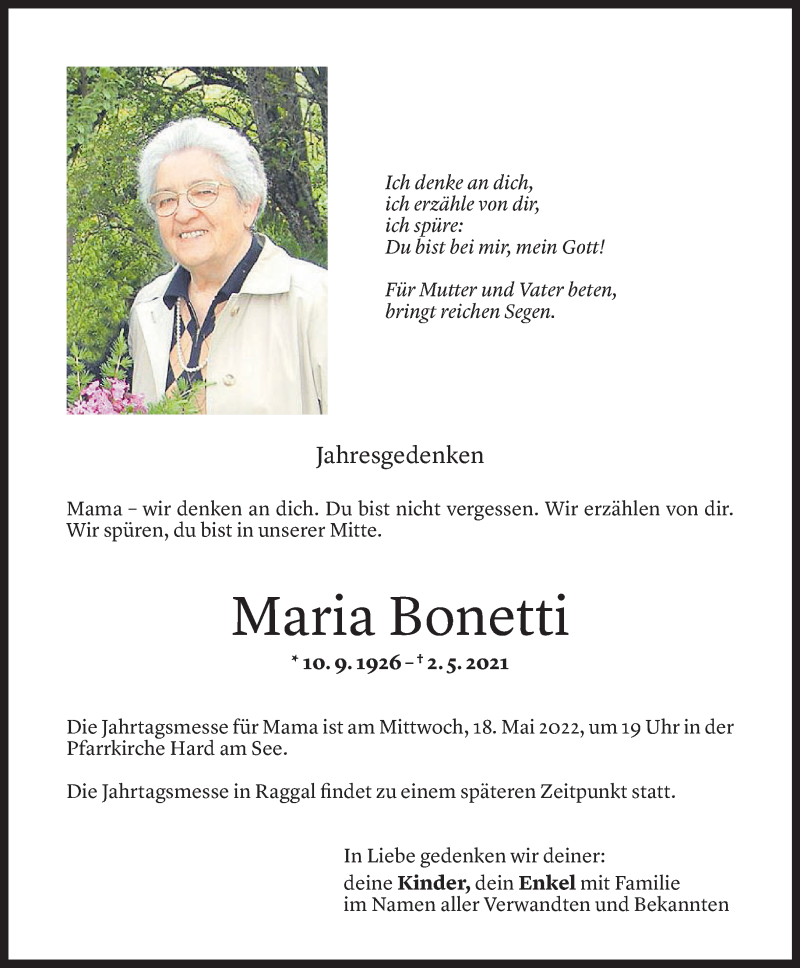  Todesanzeige für Maria Bonetti vom 13.05.2022 aus Vorarlberger Nachrichten