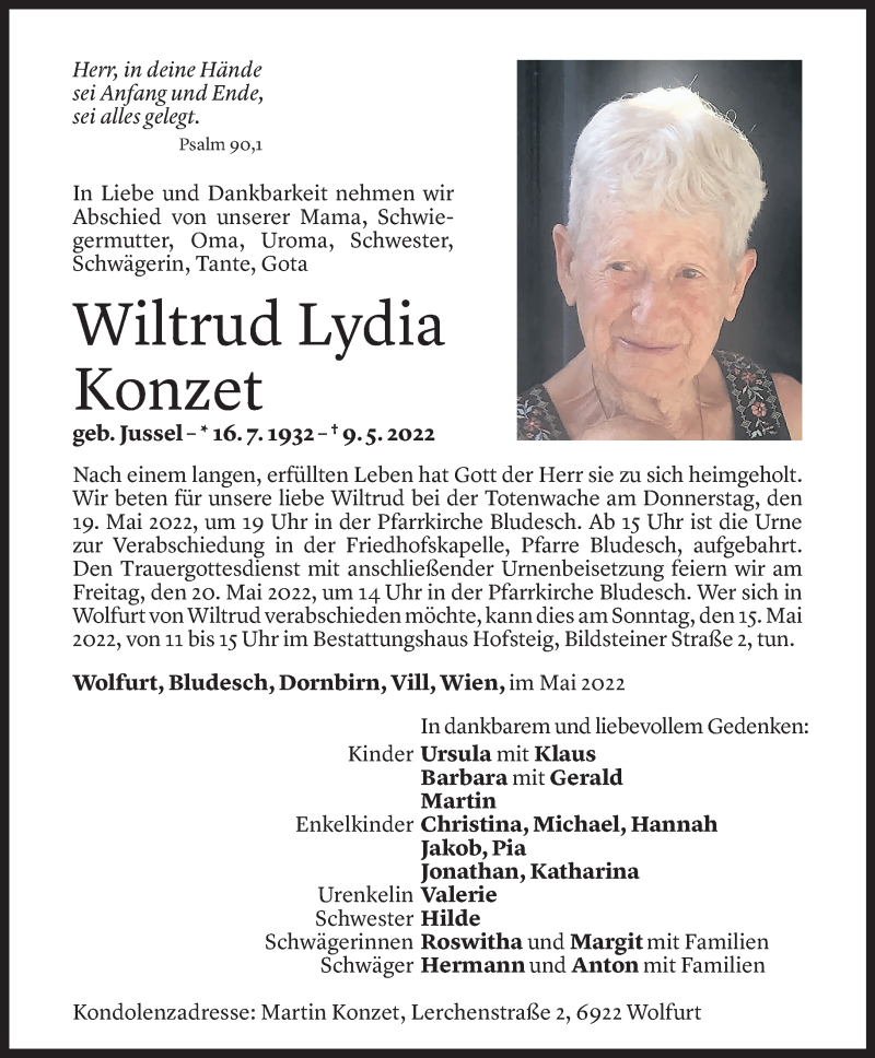  Todesanzeige für Wiltrud Lydia Konzet vom 14.05.2022 aus Vorarlberger Nachrichten