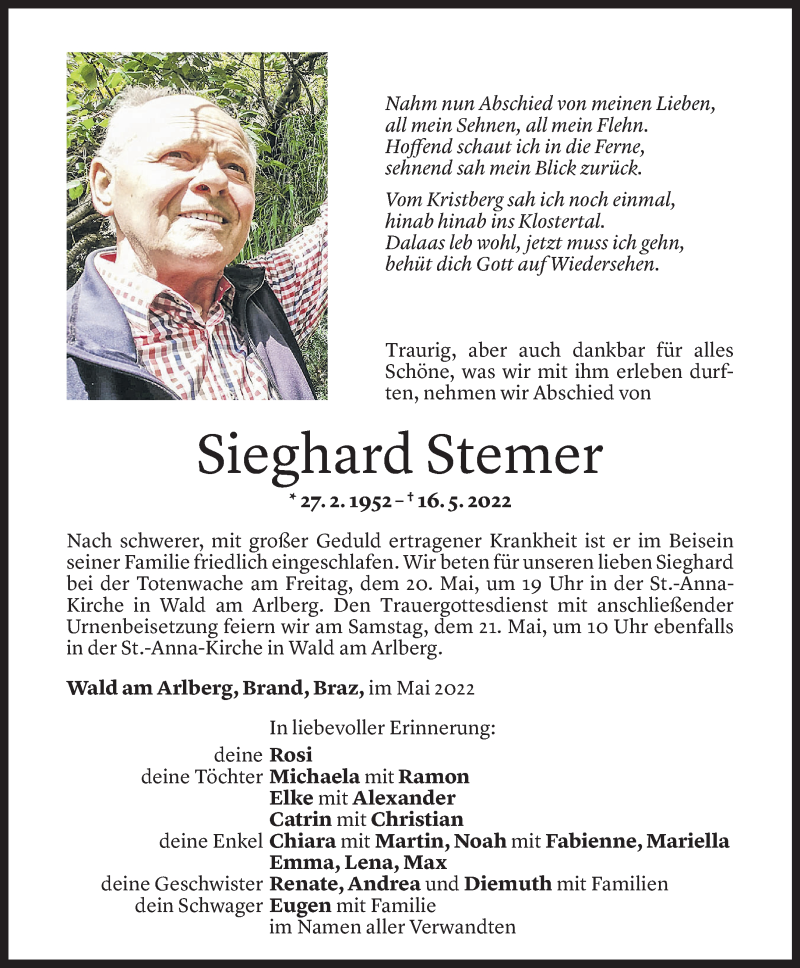  Todesanzeige für Sieghard Stemer vom 18.05.2022 aus Vorarlberger Nachrichten