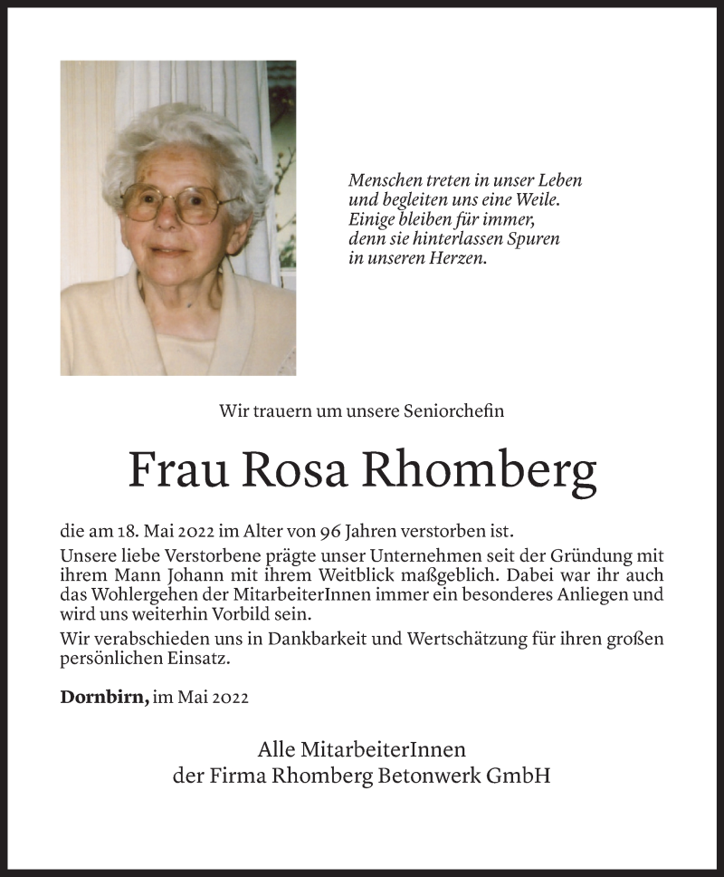  Todesanzeige für Rosa Rhomberg vom 20.05.2022 aus Vorarlberger Nachrichten