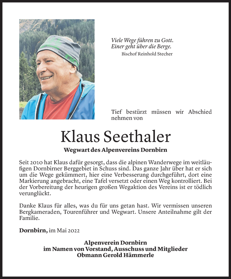  Todesanzeige für Klaus Seethaler vom 21.05.2022 aus Vorarlberger Nachrichten